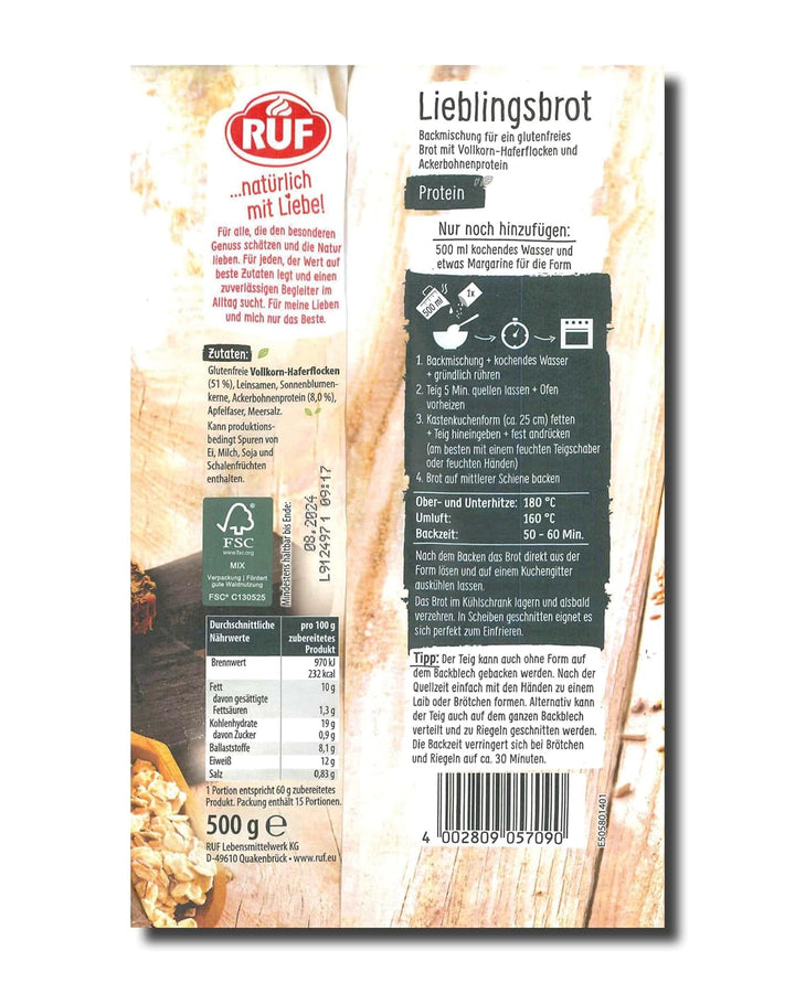 RUF Lieblingsbrot Protein, Brot-Backmischung, Brotmischung, Brotteig-Mischung, Proteinreiches Brot, Glutenfrei, Ohne Mehl & Hefe, 1 X 500G