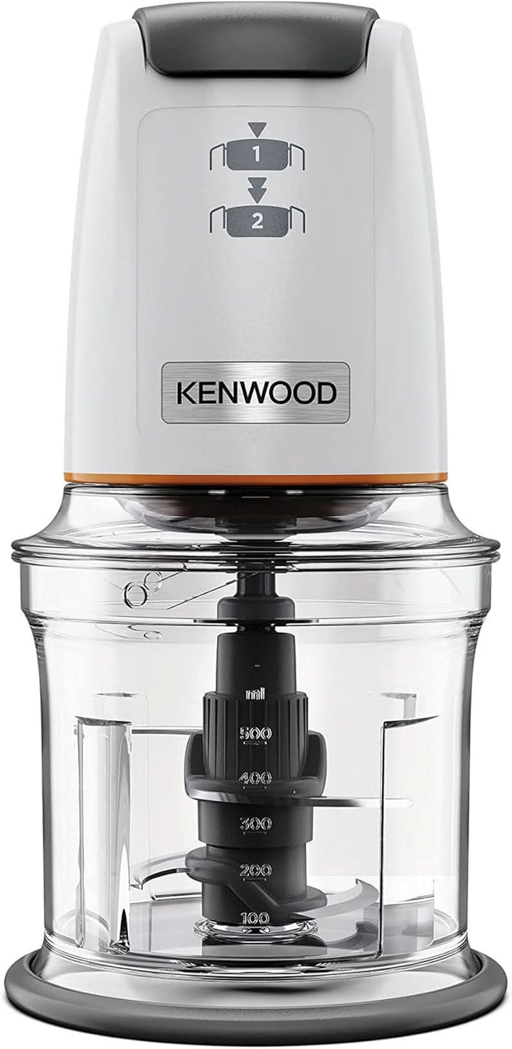 Kenwood Easychop CHP61.000WH, Zerkleinerer Mit Vier Klingen, Schüssel 0,5 L, Druckantrieb, 2 Geschwindigkeiten, Rutschfester Ring, Spülmaschinenfest, Eisbrecher, 500 W, Weiß