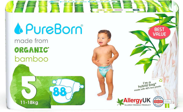 Pureborn Eco Bio-Bambus Windeln, Größe 5 (11-18 Kg), 176 Stück (2 X 88), Umweltfreundlich, Hypoallergen, Ultraweich, Mit Nässeindikator, Diverser Aufdruck