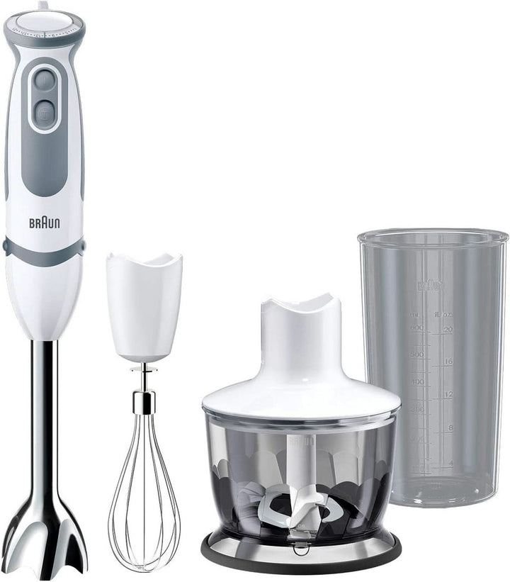 Braun Stabmixer MQ 5200WH - Multiquick 5 Vario Pürierstab Mit Edelstahl Mixfuß, 1000 Watt, Inkl. 600 Ml Mix- & Messbecher, Weiß/Grau