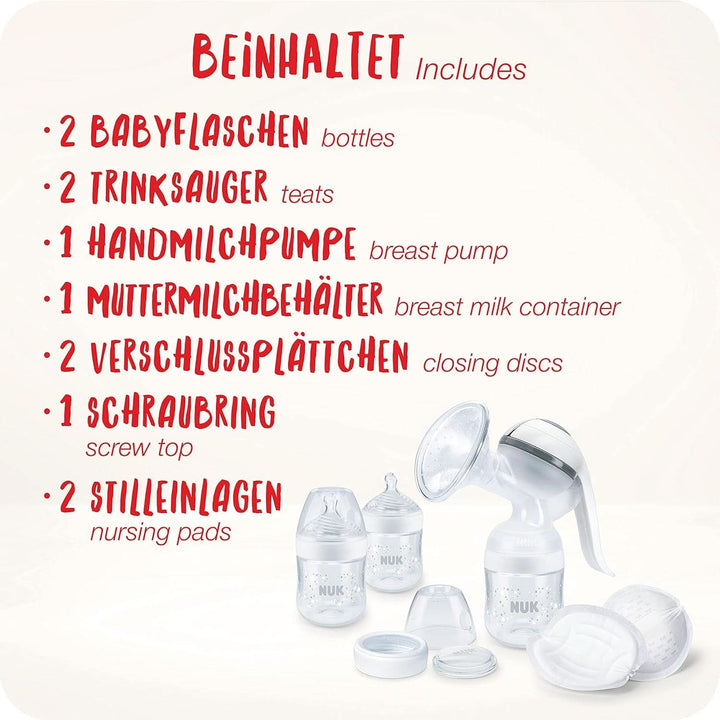 NUK Nature Sense Handmilchpumpe | Still-Set Mit Handmilchpumpe, Babyflaschen & Ultra Dry Comfort Stilleinlagen | 6-Teilig