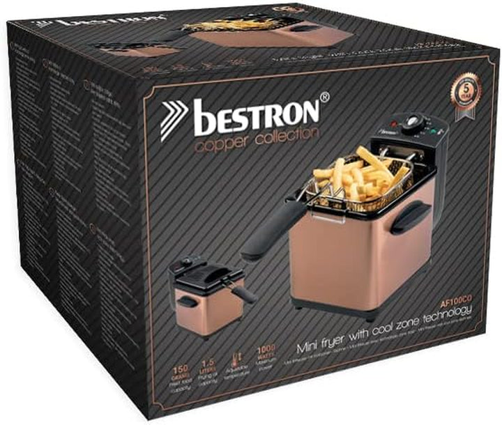 Bestron Öl-Fritteuse, Mini Fritteuse Für 1 Portion Pommes, Fisch Oder Nuggets, Inkl. Kaltzonentechnologie & Temperaturkontrolle Bis 190°C, Mit Edelstahlkorb, Sichtfenster & Ölfilter, Farbe: Kupfer