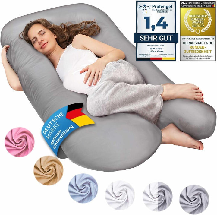 SMOOTHY XXL Schwangerschaftskissen Seitenschläferkissen, Lagerungskissen, Baby-Kissen & Stillkissen in U-Form Mit Abnehmbarem & Waschbarem Bezug Aus 100% Baumwolle (Classic XXL, 150 X 80 Cm, Pink)