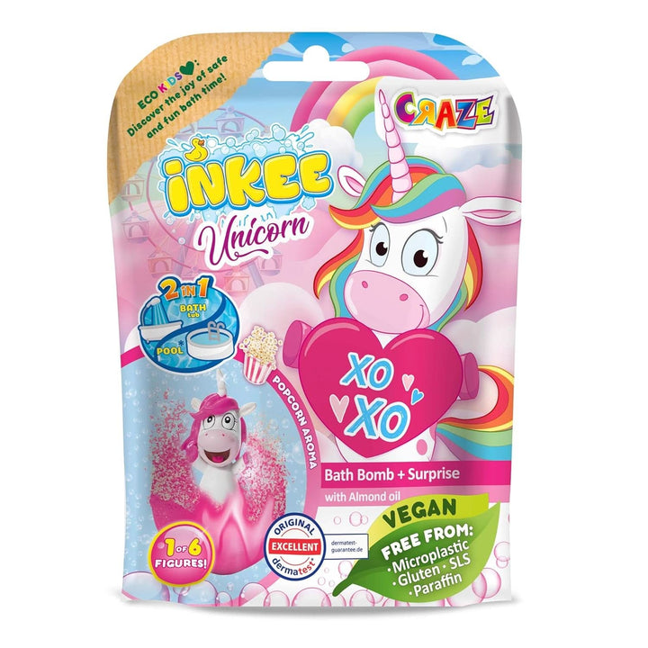 INKEE UNICORN | Badebombe Kinder Mit Überraschung, Badekugel 100G Mit Einhornfiguren, Pop-Corn Duft