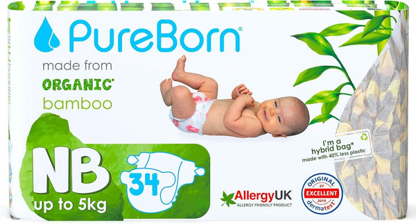 Pureborn Eco Bio-Bambus Windeln, Größe Für Neugeborene Bis 5 Kg, 34 Stück, Umweltfreundlich, Ultraweich, Hypoallergen, Mit Nässeindikator, Diverser Aufdruck