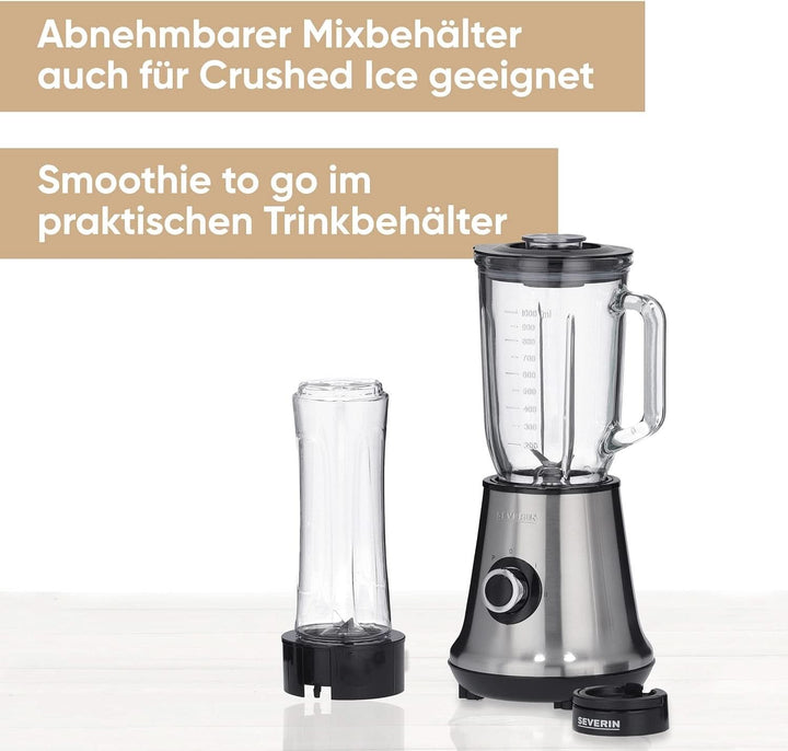 SEVERIN Multimixer, 2-In-1 Stand Mixer Und Smoothie Maker Mit 1 L Glas-Mixbehälter Und Trinkbecher, Küchenmixer Mit 2 Stufen Und Pulse-Funktion, 500 W, Edelstahl/Schwarz, SM 3737