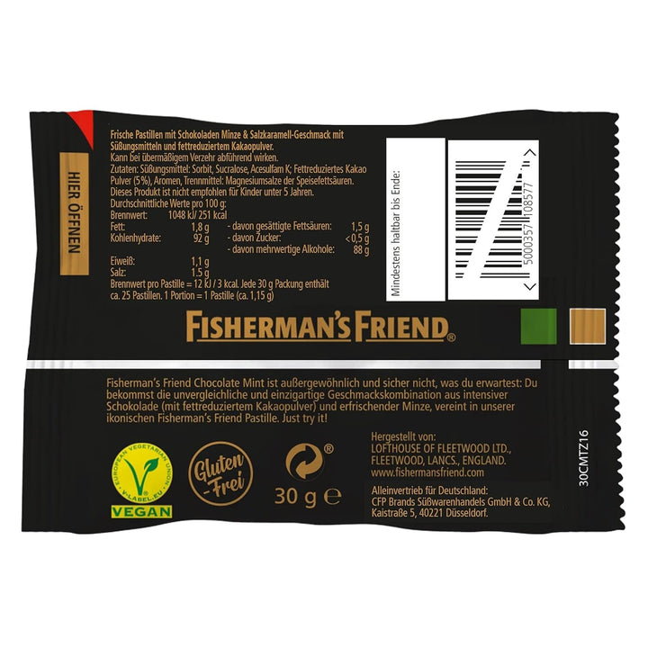 Fisherman's Friend Chocolate Mint Salted Caramel, pastile cu aromă de ciocolată, mentă și caramel sare, bomboane fără zahăr și vegane, 20 x 30g