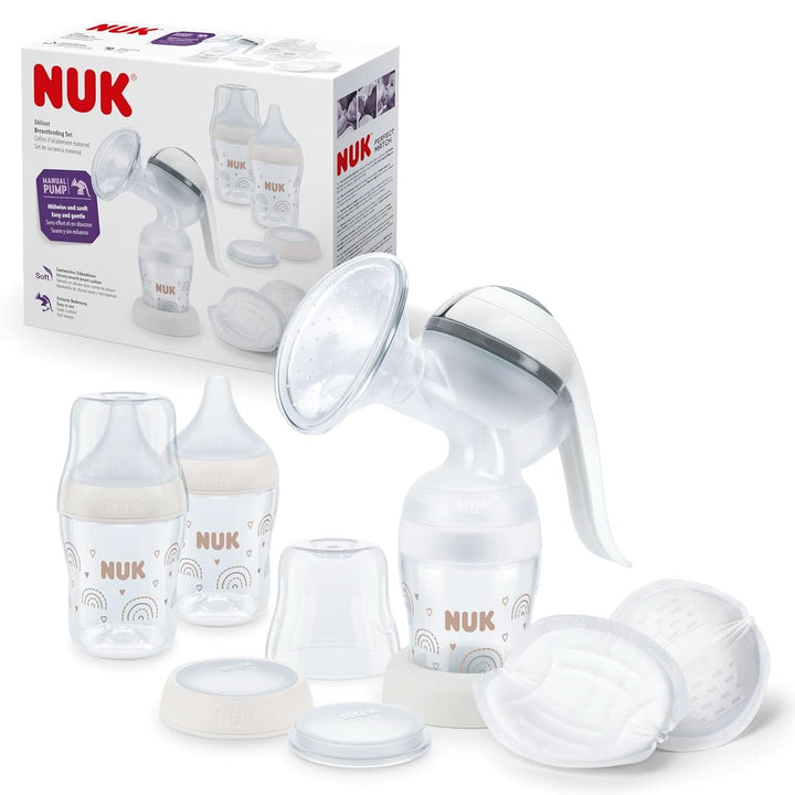 NUK Handmilchpumpen-Set | Weiches Silikonkissen | Ergonomischer Pumphebel | 2 Perfect Match Babyflaschen | 150 Ml | 2 NUK High-Performance Einwegstilleinlagen