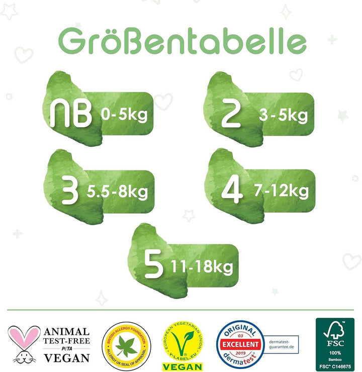 Pureborn Eco Bio-Bambus Windeln, Größe 2 (3-6 Kg), 128 Stück, Umweltfreundlich, Hypoallergen, Ultraweich, Mit Nässeindikator, Diverser Aufdruck