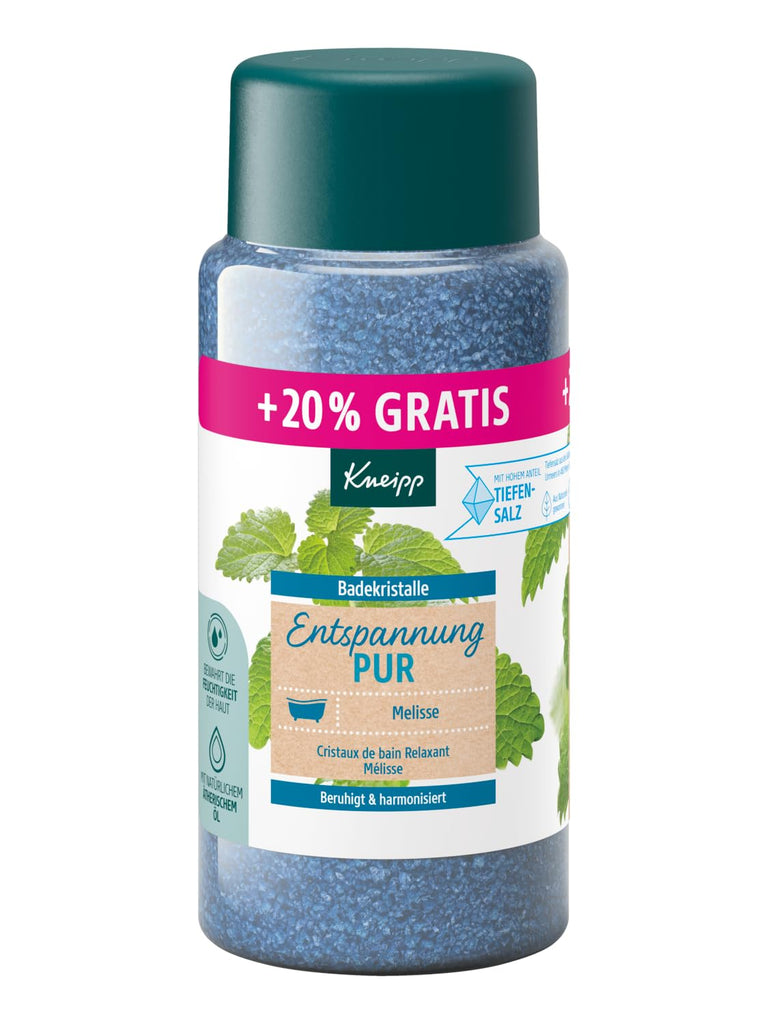 Cristale de baie Kneipp Relaxare pură - mărime specială - cu sare naturală profundă din salina Luisenhall și ulei esențial de balsam de lămâie indian și extract de balsam de lămâie, ediție limitată, 720G