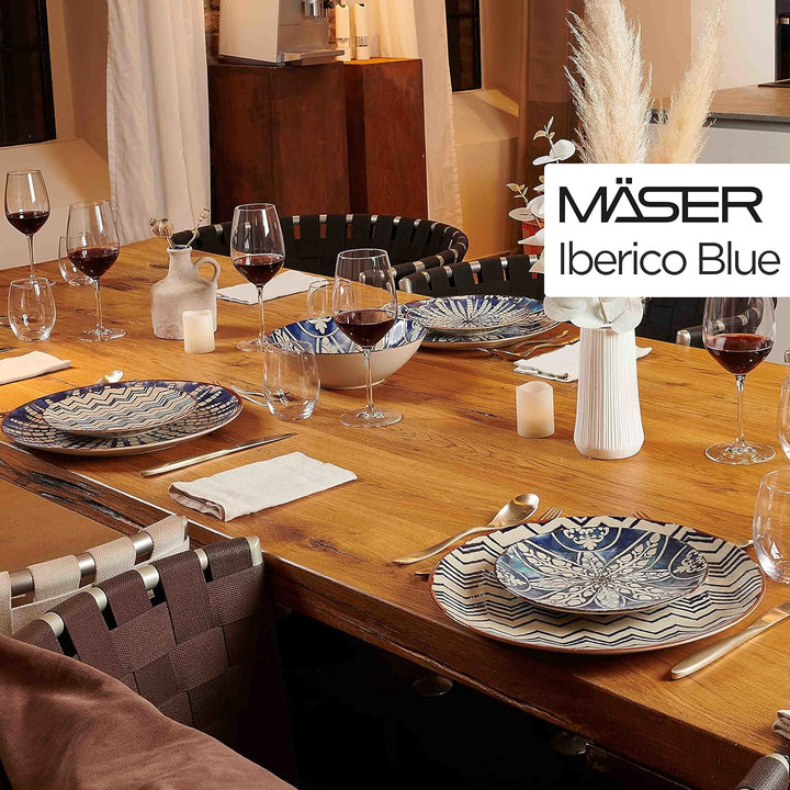 MÄSER 934017 Iberico Blue 12-Teiliges Tafelservice Für 4 Personen Im Maurischen Stil, Teller Set Mit Verschiedenen Vintage Mustern in Weiß Und Blau, Steinzeug