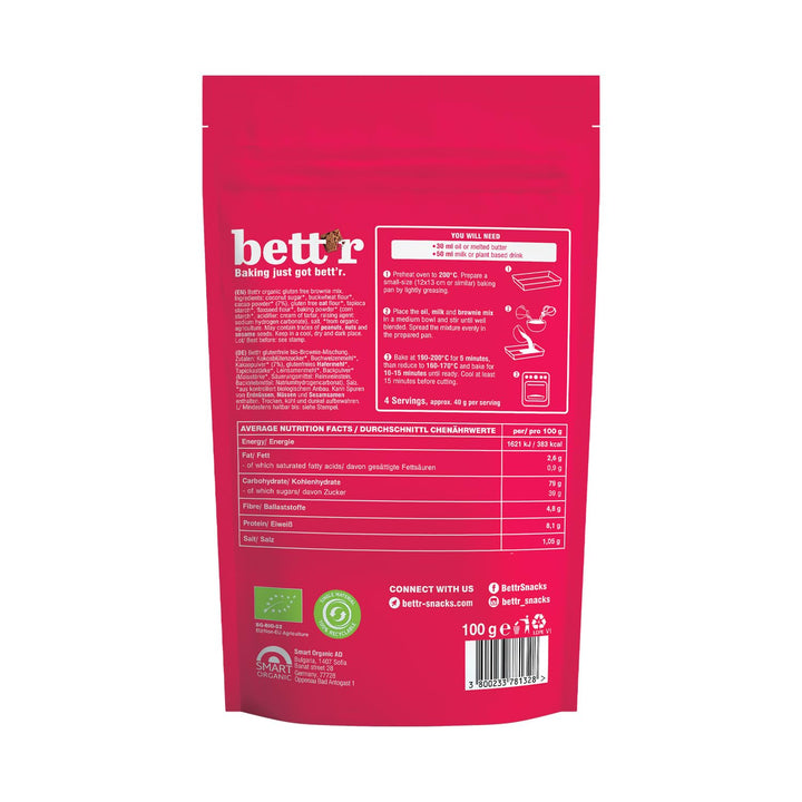 Bettr Organic Brownie Mix - Bio, Vegan Und Glutenfreie Brownies Mit Reichhaltigem Kakaogeschmack - 400 G - 15 Portionen