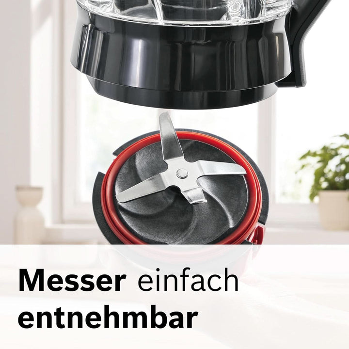 Bosch Standmixer Vitapower Serie 4 MMB6177S, Edelstahl-Klingen Made in Germany, 1,5L Thermosafe Glasbehälter, 0,6L To-Go-Flasche, Stopfer, Universalzerkleinerer, 30,000 U/Min, 1200 W, Silber