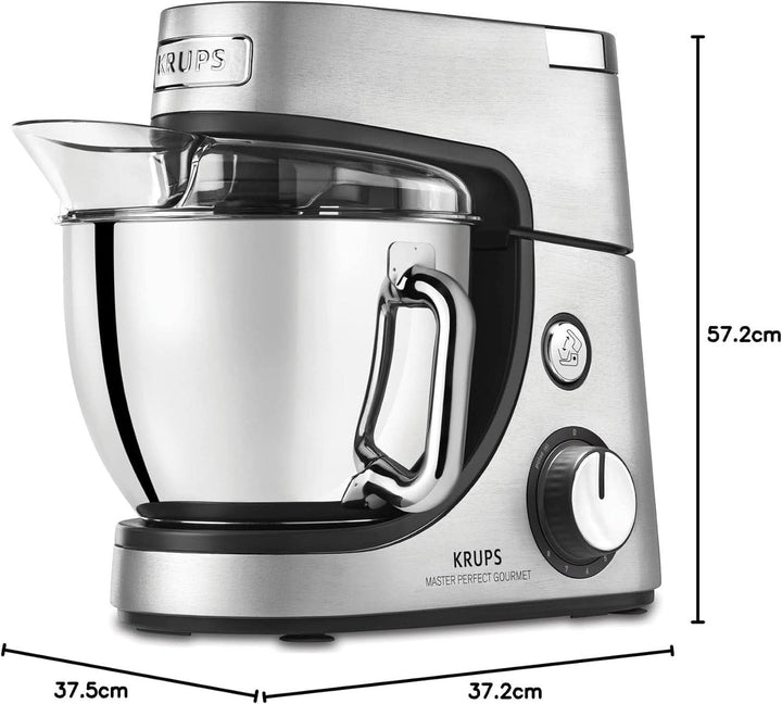 Krups KA631D Küchenmaschine Master Perfect Gourmet | 1100 Watt | 8 Geschwindigkeiten | 4,6L Edelstahlschüssel | 5 Zubehör: Back-Set, Flex-Bowl, Schnitzelwerk | Edelstahl Gebürstet