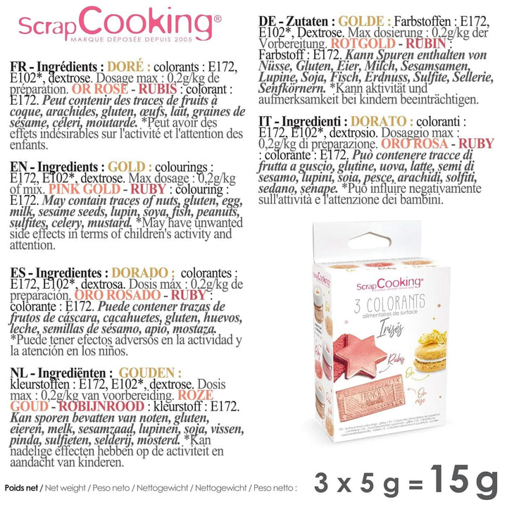 ScrapCooking, Set 3 coloranti alimentari, Auriu, Roz-Auriu si Ruby, nuante metalice, 3 x 5 grame