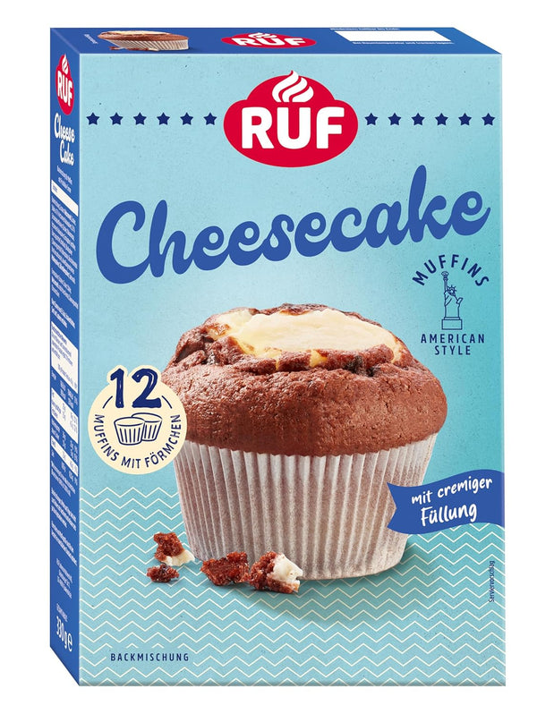 RUF Cheesecake-Muffins Backmischung, American Style Muffins Mit Cremiger Füllung, Einfache Zubereitung, 12 Muffin-Förmchen Inklusive