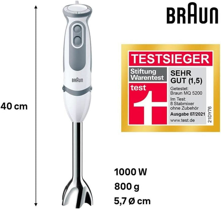 Braun Stabmixer MQ 5200WH - Multiquick 5 Vario Pürierstab Mit Edelstahl Mixfuß, 1000 Watt, Inkl. 600 Ml Mix- & Messbecher, Weiß/Grau