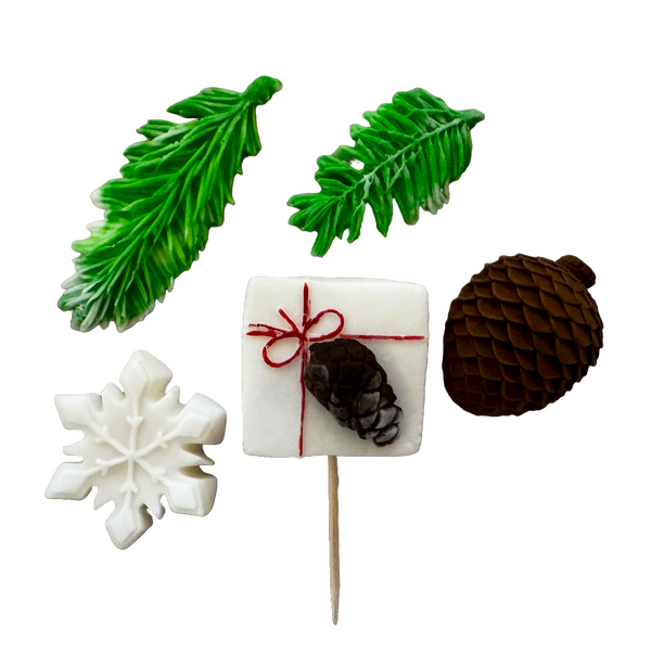 Lot de 5 décorations comestibles en pâte à sucre, Hiver, aiguilles de sapin, flocon de neige, cône