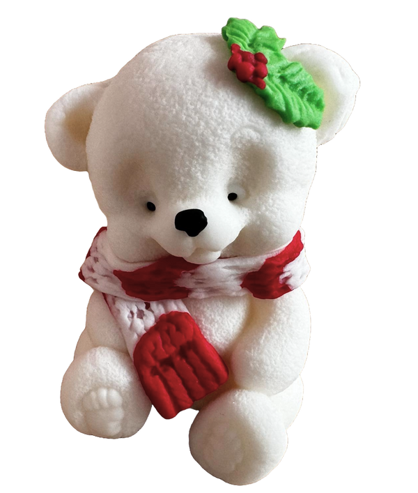 Décoration en pâte à sucre comestible, Ours en peluche avec écharpe rouge-blanche et feuilles