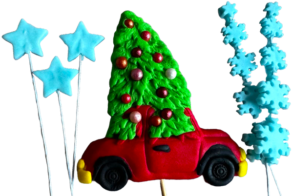 Set mit 6 essbaren Dekorationen aus Zuckerpaste, Weihnachten, Auto, Baum, Sterne und Schneeflocken