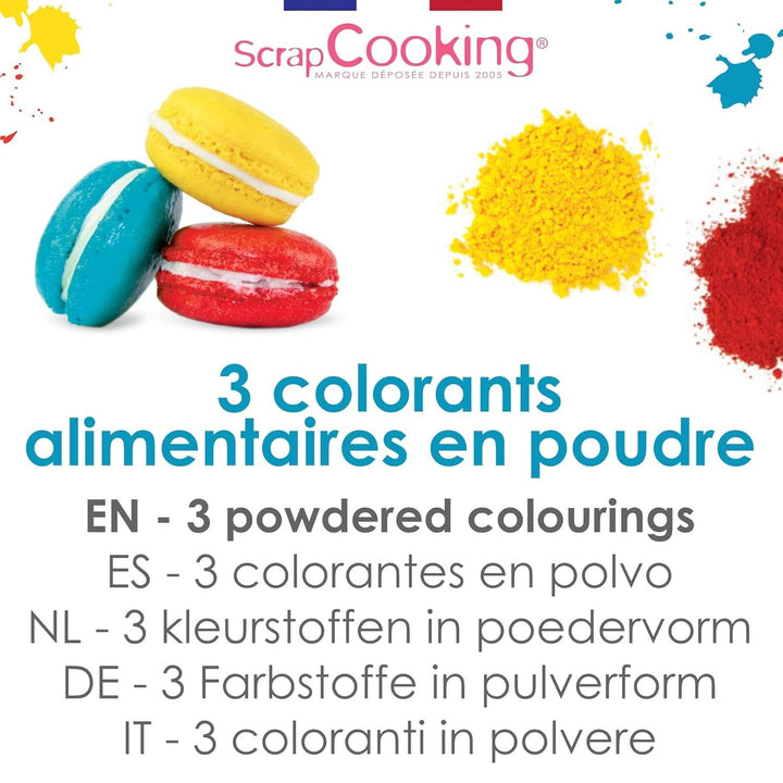 ScrapCooking, Set 3 coloranti alimentari pudra - rosu, galben, albastru, 3 x 5 grame