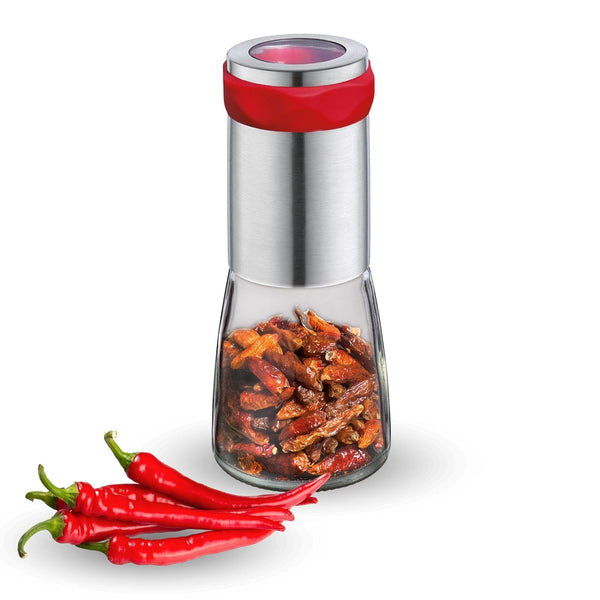 Cilio Chili Mühle PICCANTE | Zum Selbstbefüllen | Ø 6,5Cm, H: 14,5Cm | Mit Verschlusskappe | Inkl. Beschreibbaren Aufklebern | Für Gleichmäßig Feine Chilli Flocken