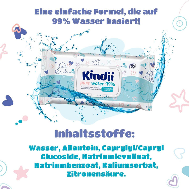 Kindii Feuchttücher Für Babys Und Kinder Pure Water 99% - 99% Ige Zusammensetzung Auf Wasserbasis - Allantoin - Parfümfrei - Unparfümiert - Dermatologisch Getestet - Für Empfindliche Haut - 60 Stück