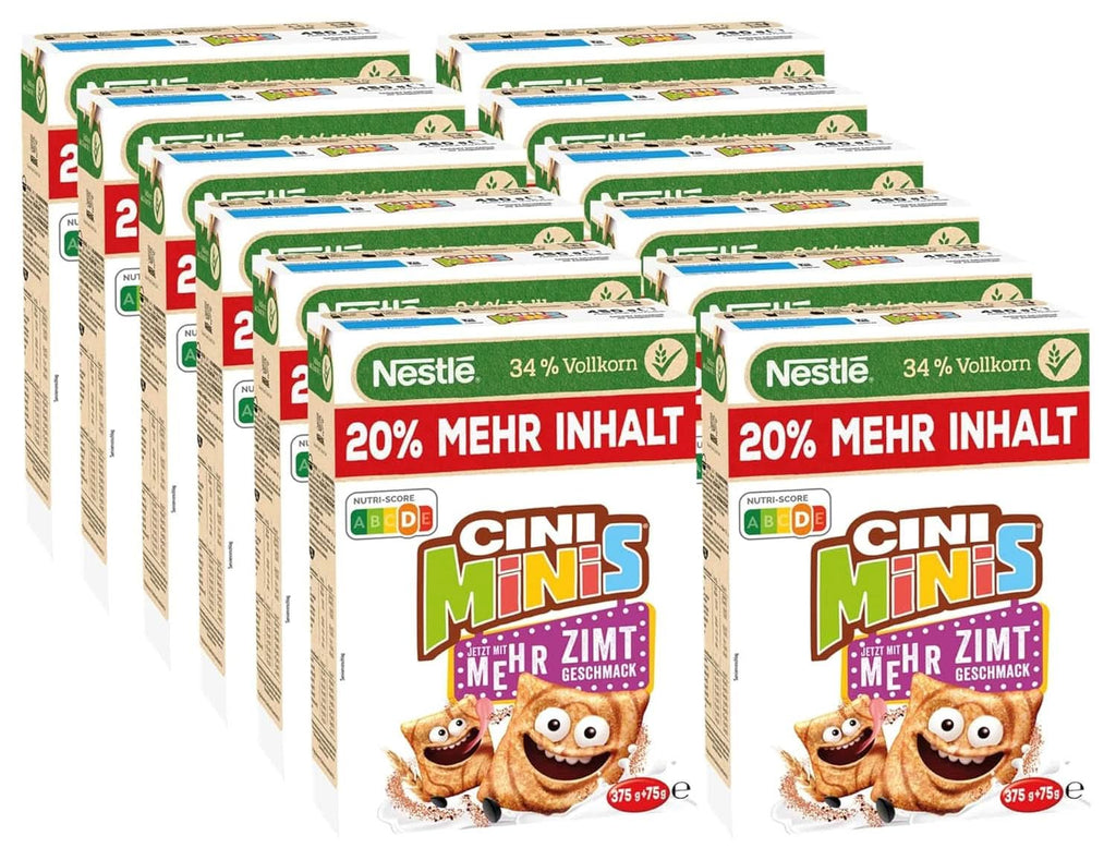 CINI MINIS, Muesli cu scorțișoară, 37% făină integrală vitală, cu vitamine, calciu și fier, fulgi crocanți și crocanți, pachet de 7 x 375 grame