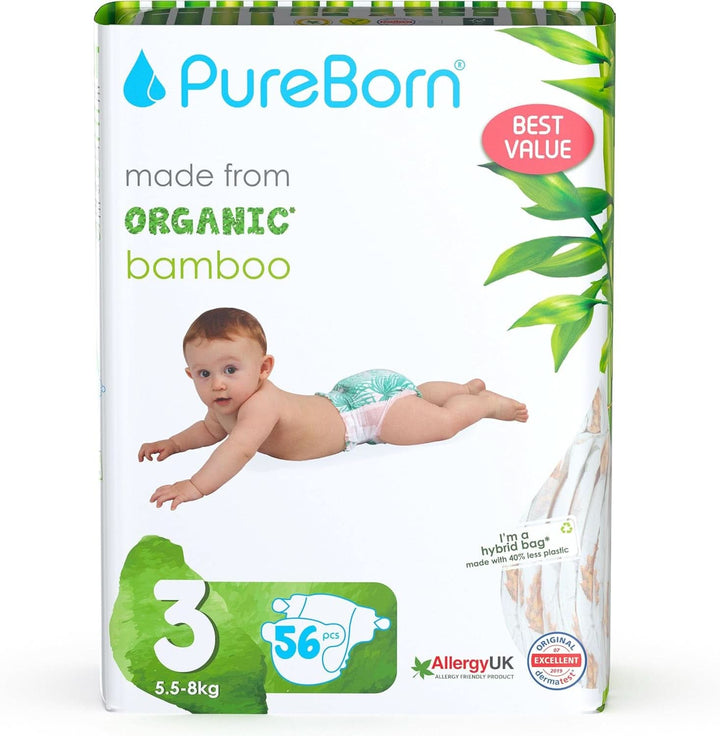 Pureborn Eco Bio-Bambus Windeln, Größe 5 (11-18 Kg), 176 Stück (2 X 88), Umweltfreundlich, Hypoallergen, Ultraweich, Mit Nässeindikator, Diverser Aufdruck