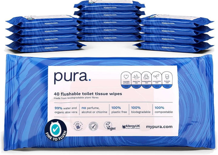 Öko Spülbares Feuchtpapier, 560 Tücher (14 X 40 Tücher), Monatspackung, 100% Plastikfrei, 99% Wasser, Sensible Und Pflegende Feuchttücher, Zertifiziert "Fine to Flush", Biologisch Abbaubar, Vegan