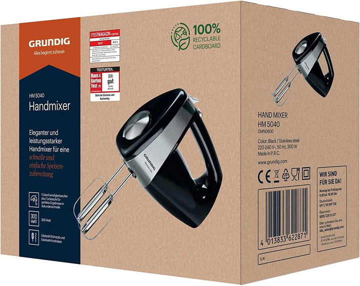 Grundig HM 5040 Premium-Handmixer (300 Watt), Schwarz-Silber