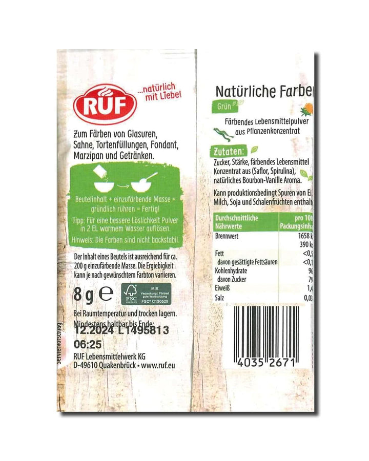 RUF Natürliche Farben Grün, Natürliche Lebensmittelfarbe Aus Spirulinaextrakt & Färbedistel, Zum Färben Von Teig & Cremes, Glutenfrei & Vegan, 1X8G