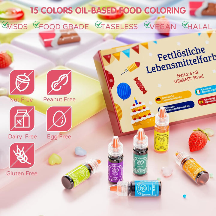 Fettlösliche Lebensmittelfarbe 15 Farben X 6Ml - Lebensmittelfarben Ölbasis Für Schokolade, Fondant, Cupcakes, Kuchen, Backen, Macaron - Food Coloring Für Tortendeko - 6Ml