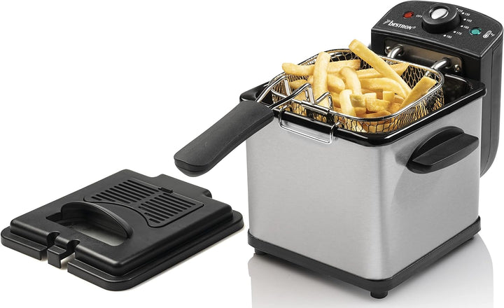 Bestron Öl-Fritteuse, Mini Fritteuse Für 1 Portion Pommes, Fisch Oder Nuggets, Inkl. Kaltzonentechnologie & Temperaturkontrolle Bis 190°C, Mit Edelstahlkorb, Sichtfenster & Ölfilter, Farbe: Kupfer