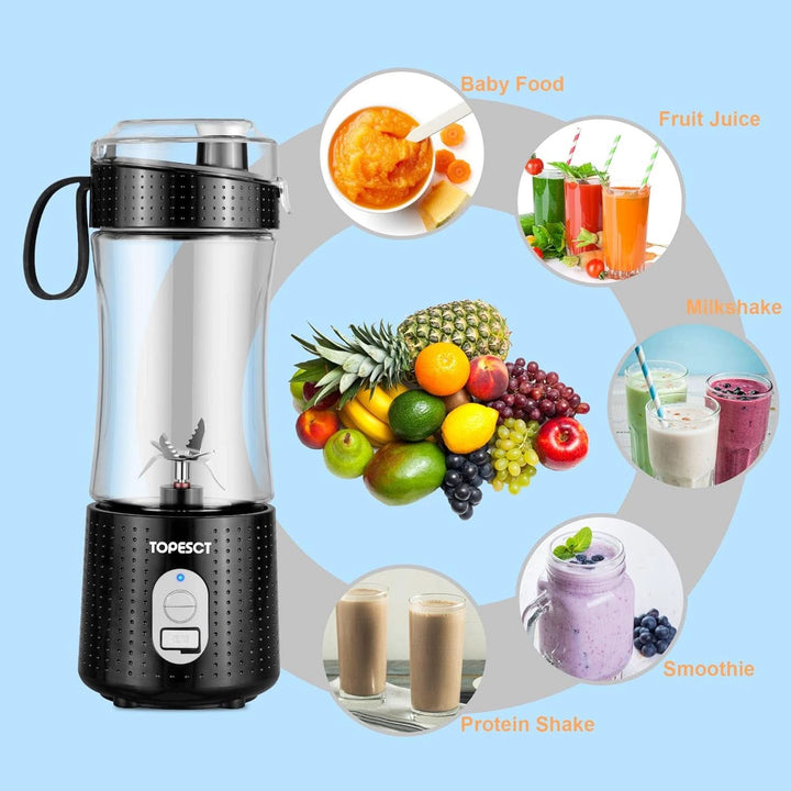 Topesct Tragbarer Mixer, Smoothie Maker to Go– Mobiler Standmixer/Elektrischer Mini Saftmixer Sechs Klingenin 3D-Anordnung Für Hervorragendes Mixen,13Oz USB Wiederaufladbarer Juicer (Schwarz)