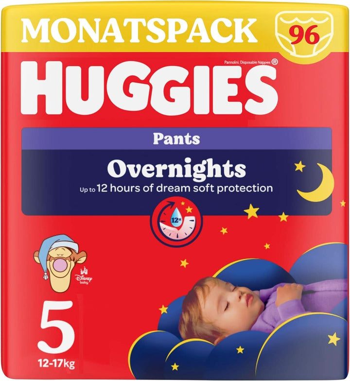 Huggies Overnight Pants Größe 5 (12-17 Kg), Windeln-Monatsbox, 96 Stück (4X24), Windelhöschen Für Die Nacht