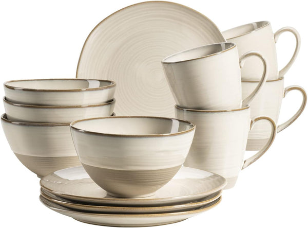 MÄSER 931818 Serie Nottingham Vintage Geschirr-Set Für 4 Personen, 12-Teiliges Frühstücksservice Mit Unregelmäßig Runden Formen Im Retro Look, Steinzeug, Beige