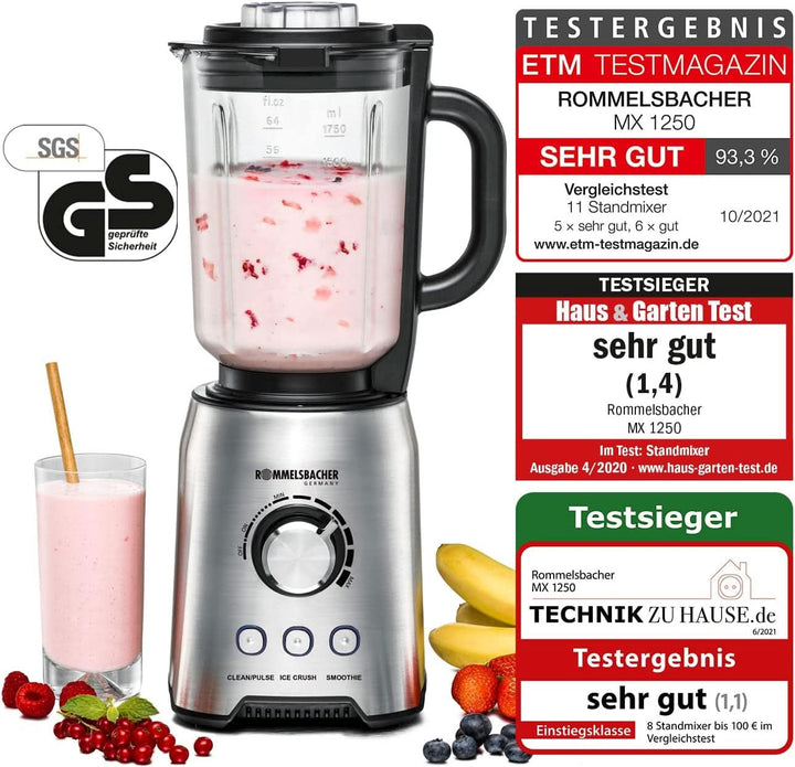 ROMMELSBACHER Standmixer MX 1250-22.000 U/Min, Stufenlose Drehzahlregulierung, Funktionstasten (Smoothie, Clean/Pulse, Ice Crush), Glaskrug, Edelstahlgehäuse, Spezialmesser, 1200 Watt