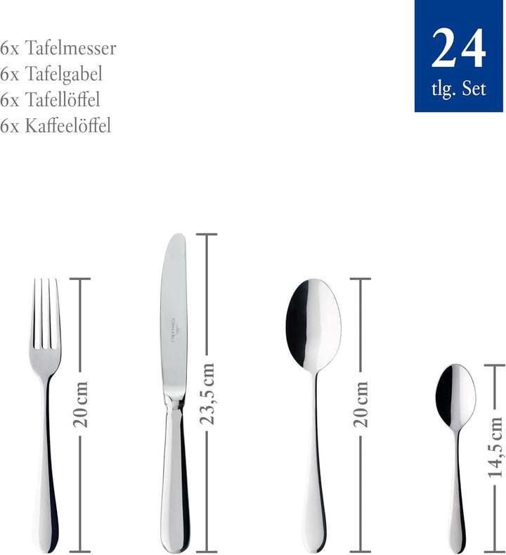 Villeroy & Boch – Oscar Tafelbesteck 24 Teilig 6 Personen, Spülmaschinenfest, Rostfrei, Besteck Set, Essbesteck, Messer Gabel Löffel Set, Cutlery Set, Besteckset Edelstahl, Edelstahl